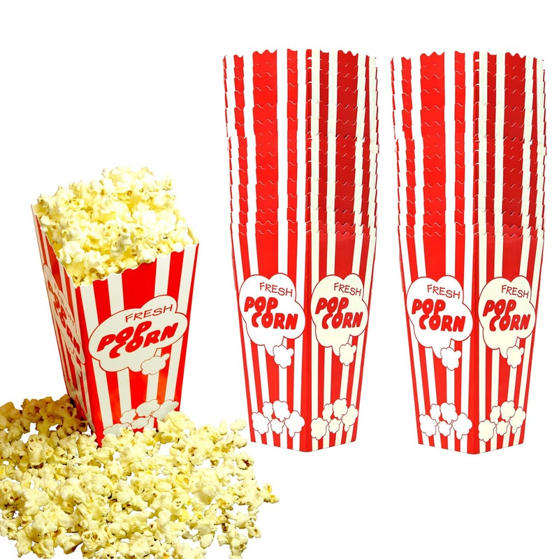 Salbree 30 Movie Night Popcorn Paper Boxes Buckets 7.75 Inches Tall Large Box & Holds 46 Oz Old Fashion Vintage Retro Party Design Red & White Colored Nostalgic Carnival Stripes Bags & Tubs various qty avail - Image 1